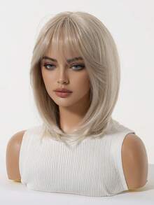 Elegant Linen Gold Women's Stright Wig With Short Bangs High Temperature Fiber Rose Net Cap Versatile Styling - Suitable For Cosplay, Parties, And Music Festivals - 亞麻金 - 查看 5
