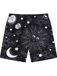 Mens Summer Shorts Vintage Celestial Sun Moon Stars Cosmic Illustration Soft Comfortable Casual Beach Home Shorts Breathable Lightweight Outdoor Everyday Essential - 彩色 - 查看 4