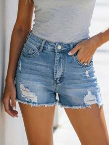 Quần short denim co giãn dành cho nữ, quần short denim rách tua rua kiểu mới, quần short denim bạc màu. - Rửa nhẹ - Xem 4