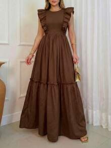 Women's Elegant Vacation Solid Color Cap Sleeve Ruched Patchwork Short Casual Dress, Spring/Summer - Coffee - View 4