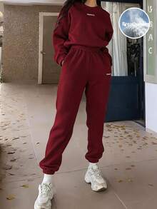 Women's 2-Piece Casual Tracksuit Set - Crewneck Sweatshirt & Jogger Pants, Solid Color, Loose Fit, Long Sleeve, Elastic Waist, Suitable For Home, Leisure, Outdoor Activities, All Ages From Teen To Adult, Minimalist Fashion Sportswear - Red - View 7