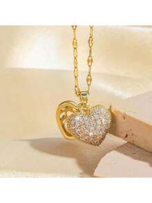 1pc Gold Double-Layer Heart Rhinestone Faux Pearl Necklace, Personalized Faux Pearl Tassel Heart Choker Necklace, Elegant Fashion Bridal Necklace, Versatile For Wedding, Date, Party, Birthday, Women Jewelry Gift - Gold - View 3