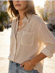 Women's Oversized Striped Long-Sleeve Comfortable Shirt - 卡其色 - 查看 1