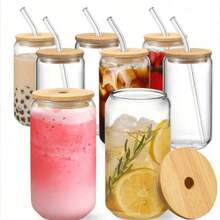 Juego de 16 piezas (Taza + Tapa de bambú + Pajita de vidrio + Cepillo para pajita) 21.3oz (603.8g) Taza de vidrio de borosilicato de alta calidad, reutilizable y linda, adecuada para bubble tea, café helado, bebidas de té, apta para uso en restaurantes, también se puede usar para Navidad, decoración navideña, decoración del hogar, decoración del dormitorio, regalo de Navidad, accesorios de baño - transparente - Ver 2