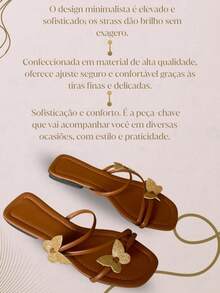 Sandália Rasteira Rasteirinha Feminina Boho Confortável Casual Detalhes Com Brilho Strass Luxo Elegante e Sofisticada Verão Cores Preta Rosê Nude Caramelo - Caramelo - Visão 9