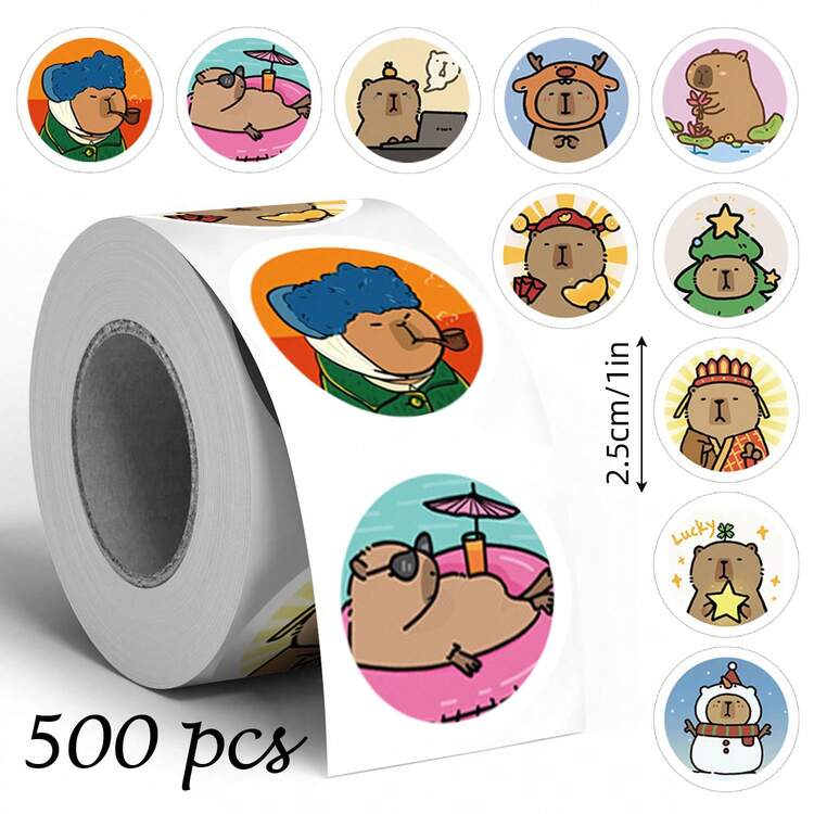 500pcs Capybara Graffiti Sticker Pack, 1 Inch Round 8 Cartoon Capybara Stickers For Envelope, Magazine, Phone Case, Water Bottle, Helmet, Scrapbook DIY Decor, Party Favor Packaging, PVC Waterproof Sticker - Kapibala - View 6