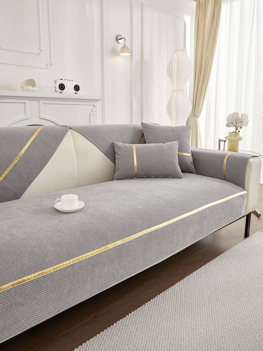 1PC Gold-Edge Non-Slip Sofa Cover, All Season Universal Sofa Cushion Cover, Pet Friendly Anti-Cat Scratch Sofa Protector, Washable Room Decor For Living Room,Couch Covers For L-Shaped, Single, Loveseat, 3-Seaters,4-Seater Sofas And Sectional Couches(Sold Separately) - Grey - View 1