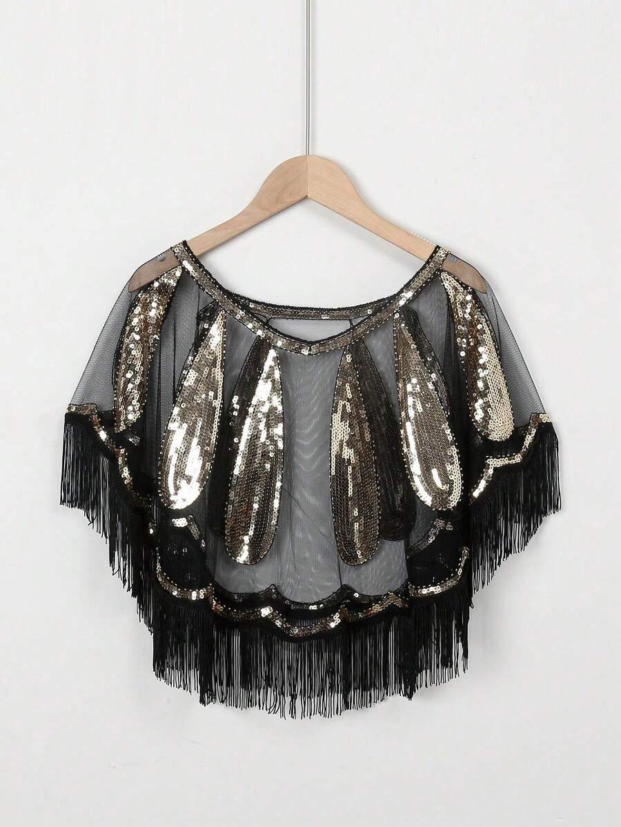 1pc Lace Shawl With Sequins And Tassel Accent, Party Wear Bolero - Multicolor - View 1