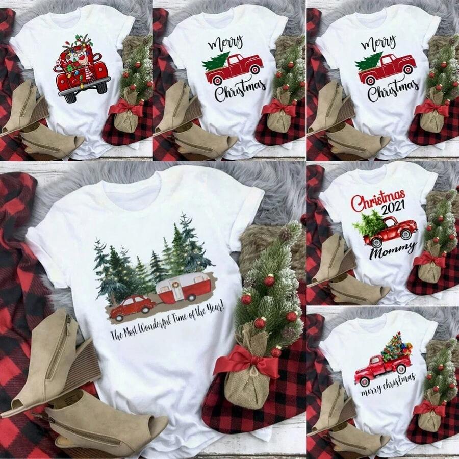Nueva blusa casual holgada y popular para mujer, con estampado de árbol de Navidad y mangas cortas. - 1 - Ver 1