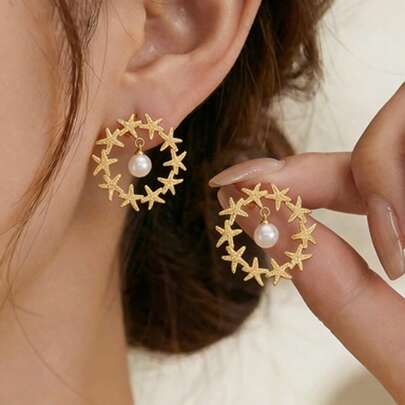 1 Pair Hypoallergenic Stainless Steel Earrings, Fashion Versatile, 18K Gold Plated Starfish & Pearl Pendant Earrings, Suitable For Daily Wear Or Parties, Elegant Jewelry Gift For Women