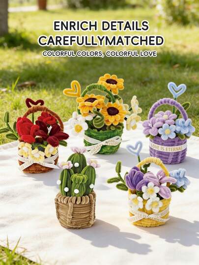 DIY旋转杆花篮材料包，包含紫鹭暖阳花篮、紫色魅力花篮、暖阳花簇、多花仙人掌、暖阳花篮、蓝鹭花束、暖阳花瓶、暖阳花束、马卡龙色旋转杆手工彩色发带密编花篮材料包