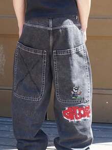 1pc Men's Black Embroidered Denim Wide Leg Jeans, Street Fashion - Grey - View 4
