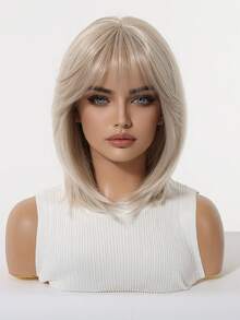 Elegant Linen Gold Women's Stright Wig With Short Bangs High Temperature Fiber Rose Net Cap Versatile Styling - Suitable For Cosplay, Parties, And Music Festivals - 亞麻金 - 查看 4