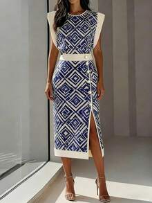 Women's Elegant Romantic Bohemian Vintage Geometric Sleeveless Round Neck Fitted Waist Zipper Back Slit Contrast Color Dress, Suitable For Spring And Summer - Multicolor - View 4