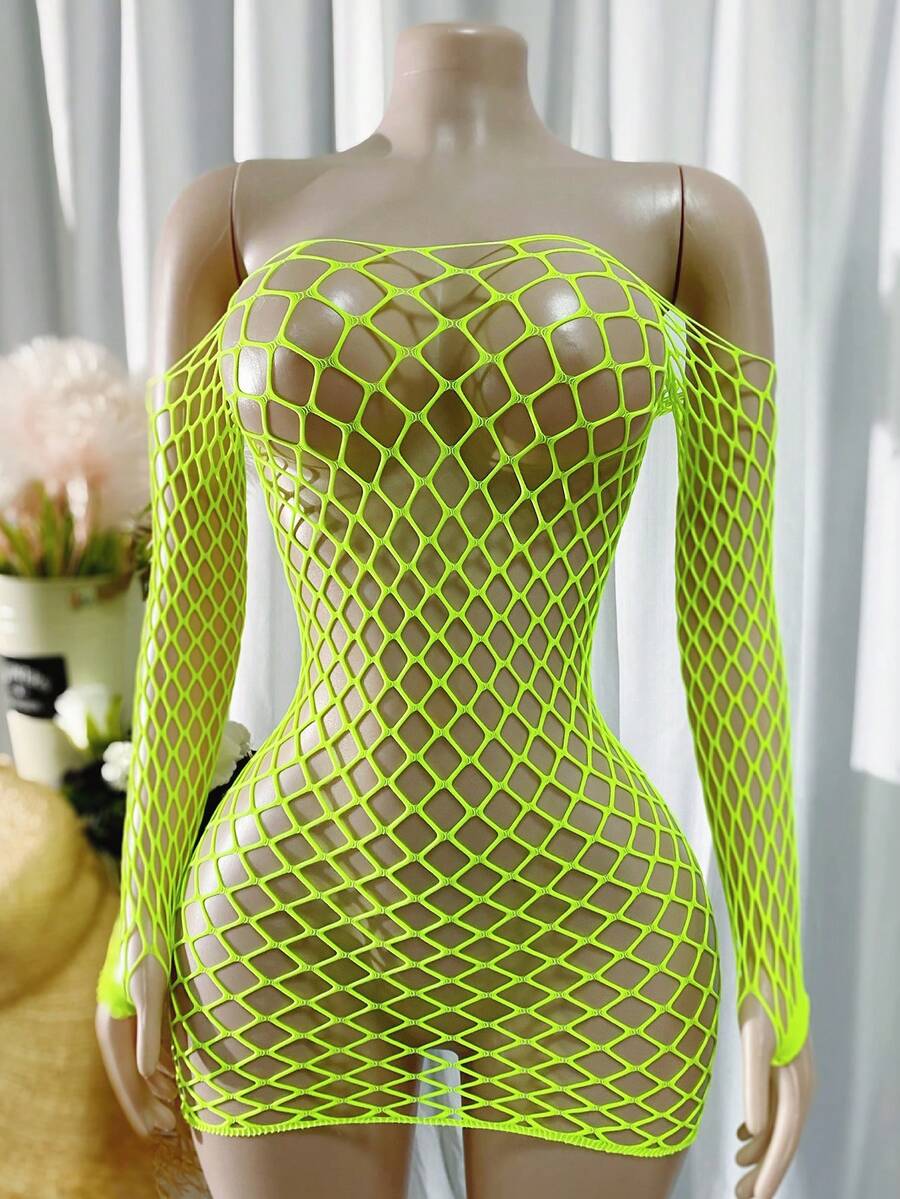 1件装女士性感内衣长袖性感睡衣性感渔网罩衫，音乐节非比基尼镂空紧身连衣裙，透视沙滩装，夏季女士泳装 - 薄荷綠 - 查看 1