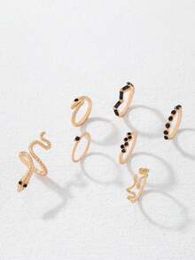 7件套朋克风金属水钻几何蛇形戒指套装，适合女性叠戴，礼品 - 23104-ring-G blk-EP - 查看 5