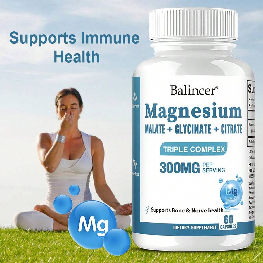 Magnesium Triple Complex, Malate + Glycine + Citric Acid, 300 MG Per Serving, Supports Bone, Cardiovascular, & Immune Health, 60 Capsules - 1 chai - Xem 1