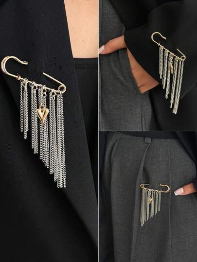 1pc Vintage Metal Tassel Chain Heart Pendant Multifunctional Brooch, Can Be Worn On Hats, Sleeves, Clothes And More