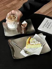 1 pieza Bandeja rectangular ondulada de acero inoxidable, plato de estilo industrial para cafetería, restaurante, postre, té de la tarde - Plateado - Ver 2