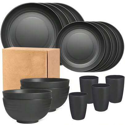Juego de 16 Piezas de Vajilla de Plástico - Incluye Platos, Tazones, Tazas y Platillos - Ideal para Camping, Picnics, Reuniones Familiares, Viajes en RV, Fiestas y Residencias Universitarias