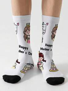 1 Pair Limited Edition Cartoon Crew Socks For Mother's Day, With Kiss And Hug Patterns, 360° All-Over Printing, Perfect Gift For Mother's Day - White - View 2