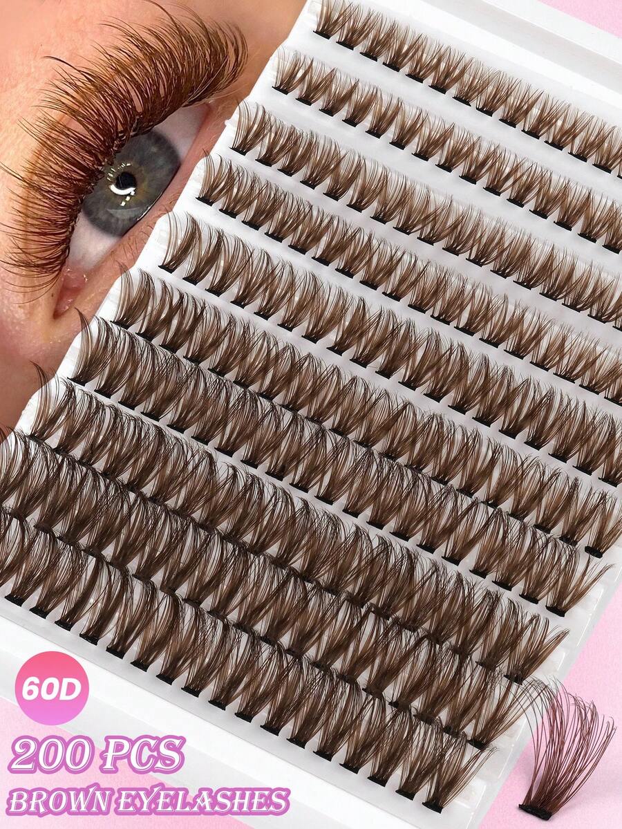 MAANGE 200 piezas de pestañas postizas de color marrón suave con rizo D, racimos de pestañas marrones gruesas, extensión de pestañas individuales, maquillaje marrón natural suave, pestañas individuales suaves, extensión de pestañas DIY, uso diario, pestañas postizas