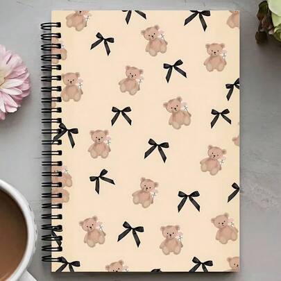 Cuaderno espiral con tapa dura que presenta un diseño de oso de peluche y lazo - Un hermoso diario de color beige claro adornado con lazos negros y osos marrones, de tamaño compacto, perfecto para la escuela, la universidad, la oficina, las mujeres, los maestros