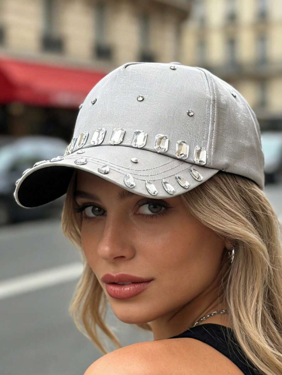 1顶女士可调节水钻棒球帽，时尚百搭尖顶帽，情侣款 - 棒球帽 - 查看 1
