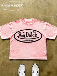Dutch Manfinity Y2K Style Print (180g Pure Cotton T-Shirt) Cotton T-Shirt - Soft And Breathable, Green Print 100% Pure Cotton Fabric - Comfortable And Vibrant Summer Streetwear Short-Sleeved T-Shirt, Cool Motorcycle Design, Vintage Summer Everyday Wear T-Shirt - 粉色 - 查看 1