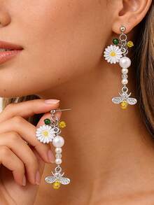 1 par de pendientes con borlas con mariposa, abeja y margarita de perla falsa con estilo pastoral y diamante de imitación, adecuados para uso diario de mujeres, viajes, regalo del Día de la Madre - Multicolor - Ver 1