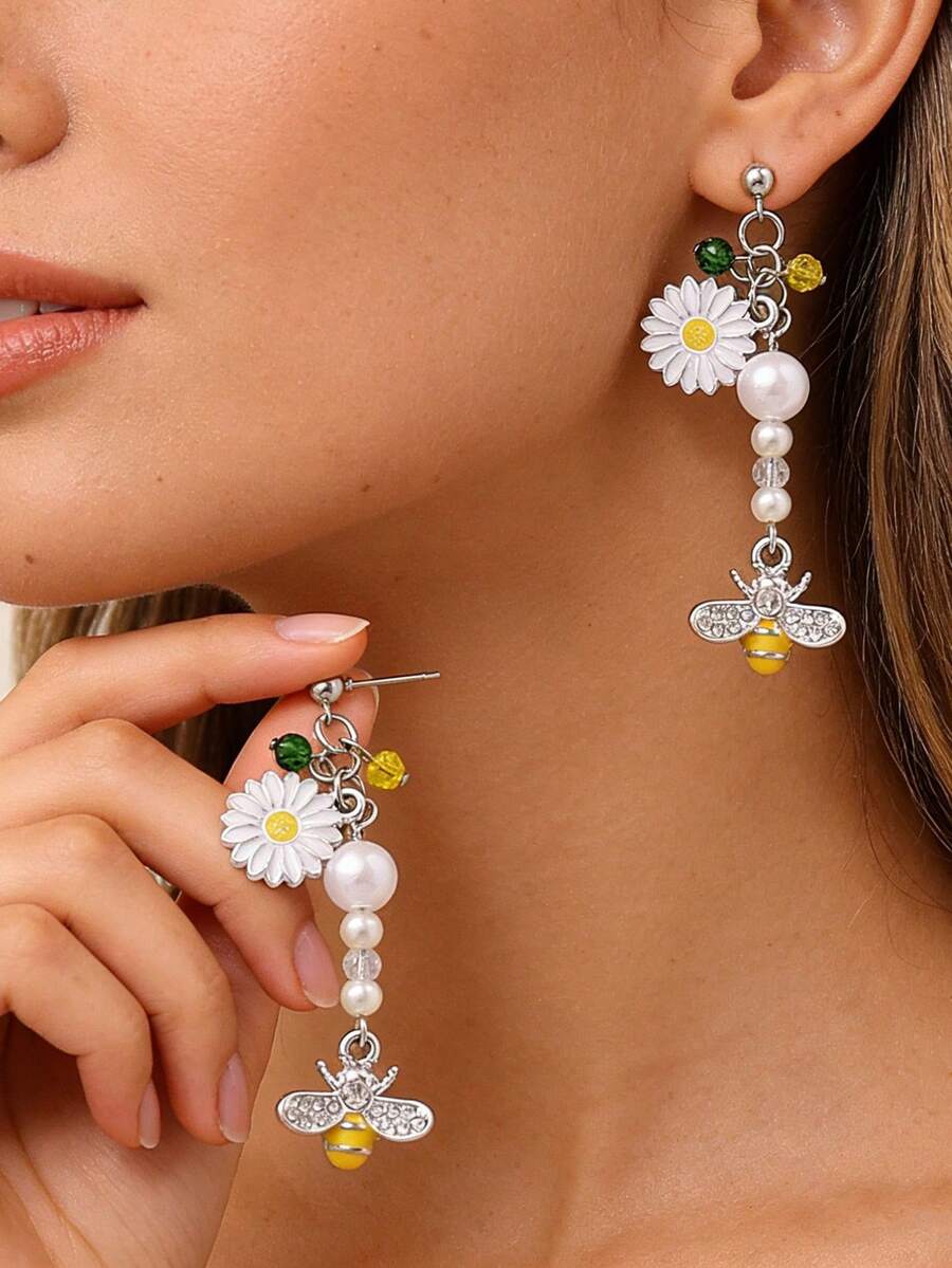 1 par de pendientes con borlas con mariposa, abeja y margarita de perla falsa con estilo pastoral y diamante de imitación, adecuados para uso diario de mujeres, viajes, regalo del Día de la Madre - Multicolor - Ver 1