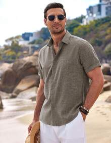 Mens Short Sleeve Linen Shirts Button Down Casual Summer Beach Tops For Daily Commute - Brun - Visa 3