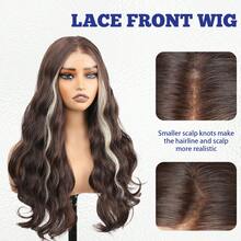 13x4蕾丝前额免胶Yaki波浪假发，长棕色挑染合成发，耐热纤维，适合女性日常派对佩戴 - 26英寸 - 鏽棕色 - 查看 6