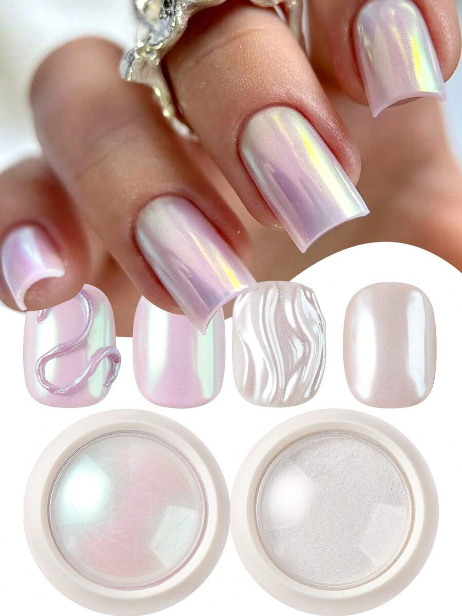 2PCS Faux Pearl Nail Powder White Pearlescent Moon Nail Glitter Effect Aurora Arcoiris Fantasy Nails Decoration Art Manicure Accessories For Marry - Multicolor - View 1