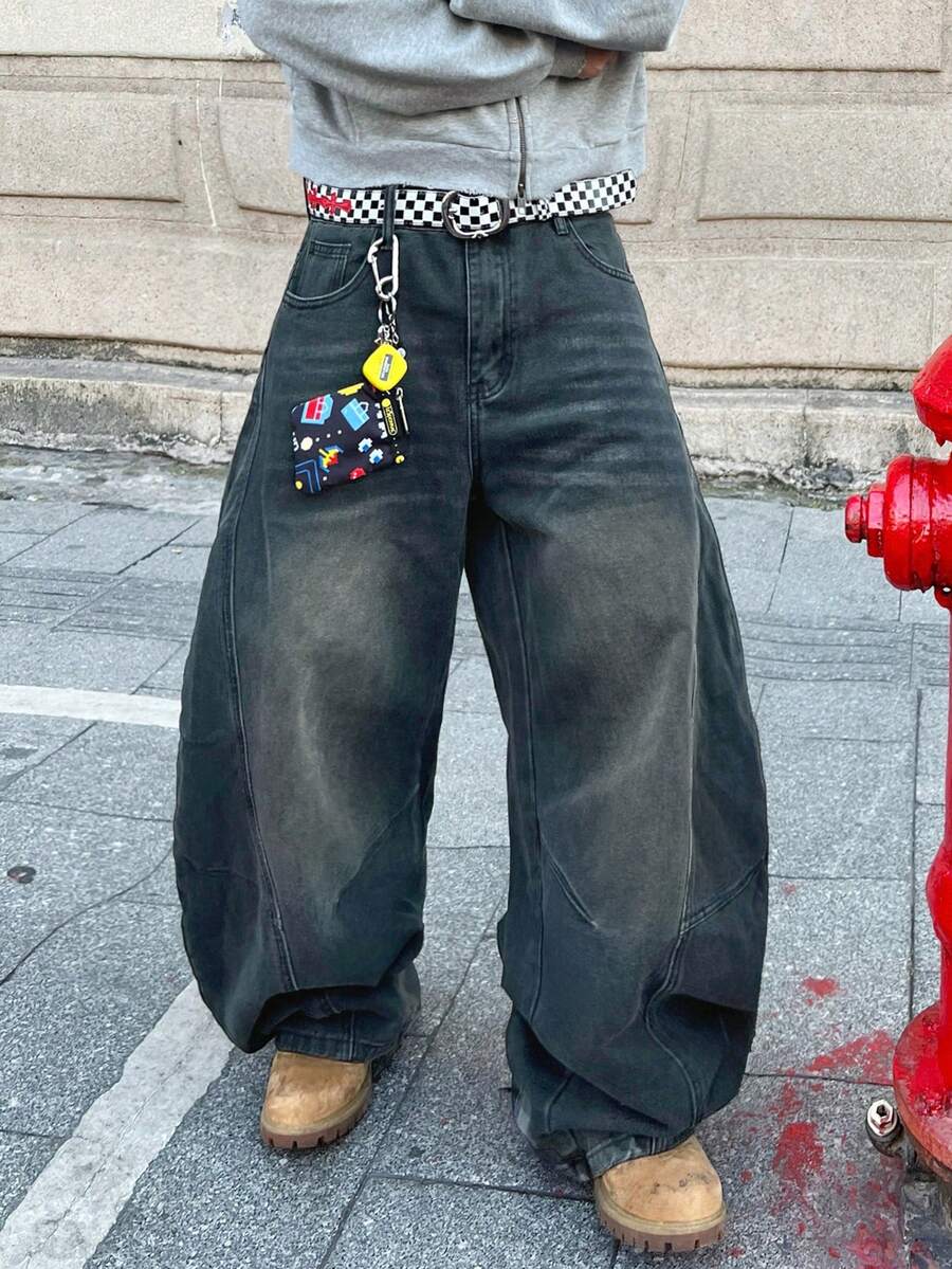 1pc Men's Infinite Jeans, American Vintage Washed Loose Patchwork Design Straight Leg Jeans, Streetwear (Product Does Not Include Belt And Accessories) - Dusty Blue - View 1