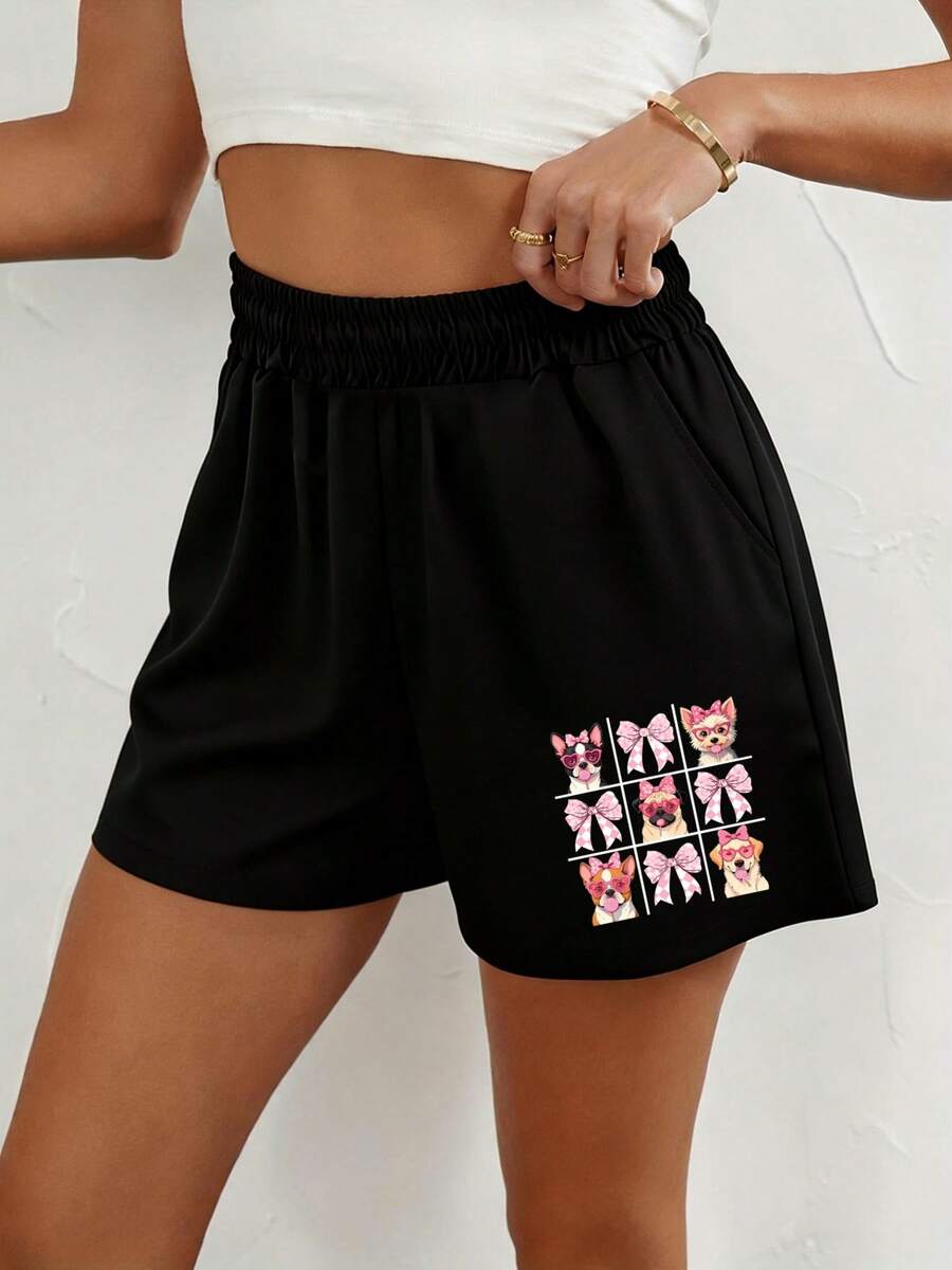 2026 New Style Loose Black Sports Shorts For Women With Cute Dog Print, Adorned With Pink Bows, Full Of Charm. Stylish Casual Versatile Loose Pants - 黑色 - 查看 1