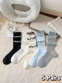 1/5/10 Pairs Cake Lace Socks - 3-Layer Lace Design Elegant Calf Socks, Lightweight Breathable Quick-Dry Mid-Calf Socks, Mesh Design, Suitable For Spring And Summer - Multicolor - View 10