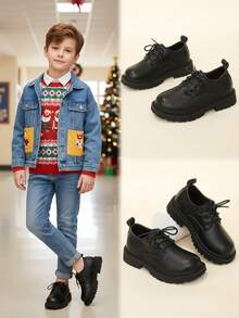 1 Pair Lace-Up Loafers, Solid Color Matte PU Fabric, Thick Anti-Slip Sole, Soft Lining, Slip-On Design, Round Toe, Comfortable Interior, Versatile Fashion Campus Shoes, Suitable For Boys And Girls Aged 5-15, For Performance, School, Ceremony, Daily Wear, Spring/Summer New Style - Black - View 8