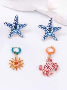 Personalized Oceanic Vacation Style Zinc Alloy Starfish & Crab 4-Piece Earring Set, Luxury Versatile Women Accessories - Animal Combination - View 2