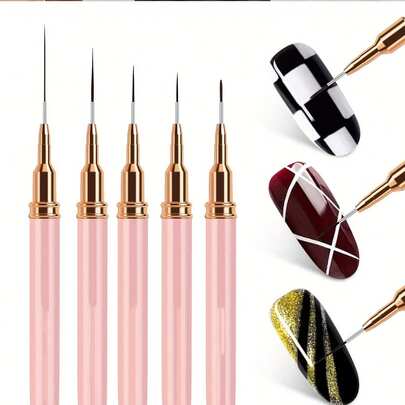 Set de 5 piezas de pinceles profesionales para arte de uñas - Pinceles de uñas ultra finos y precisos de 7/9/11/15/25mm de longitud (rosa), aptos para uso DIY y en salón de uñas. Suministros de arte de uñas, pinceles de uñas, set de pinceles de arte de uñas, pincel de línea de uñas, suministros de artista de uñas, tapete de pinceles de uñas, pincel de manicura francesa.