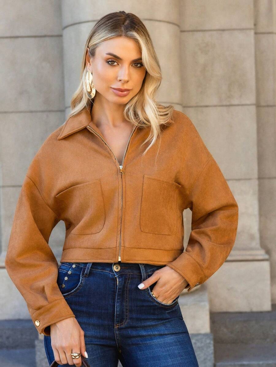 Faux Suede Bomber Jacket With Front Pockets - Camel - Ver 1