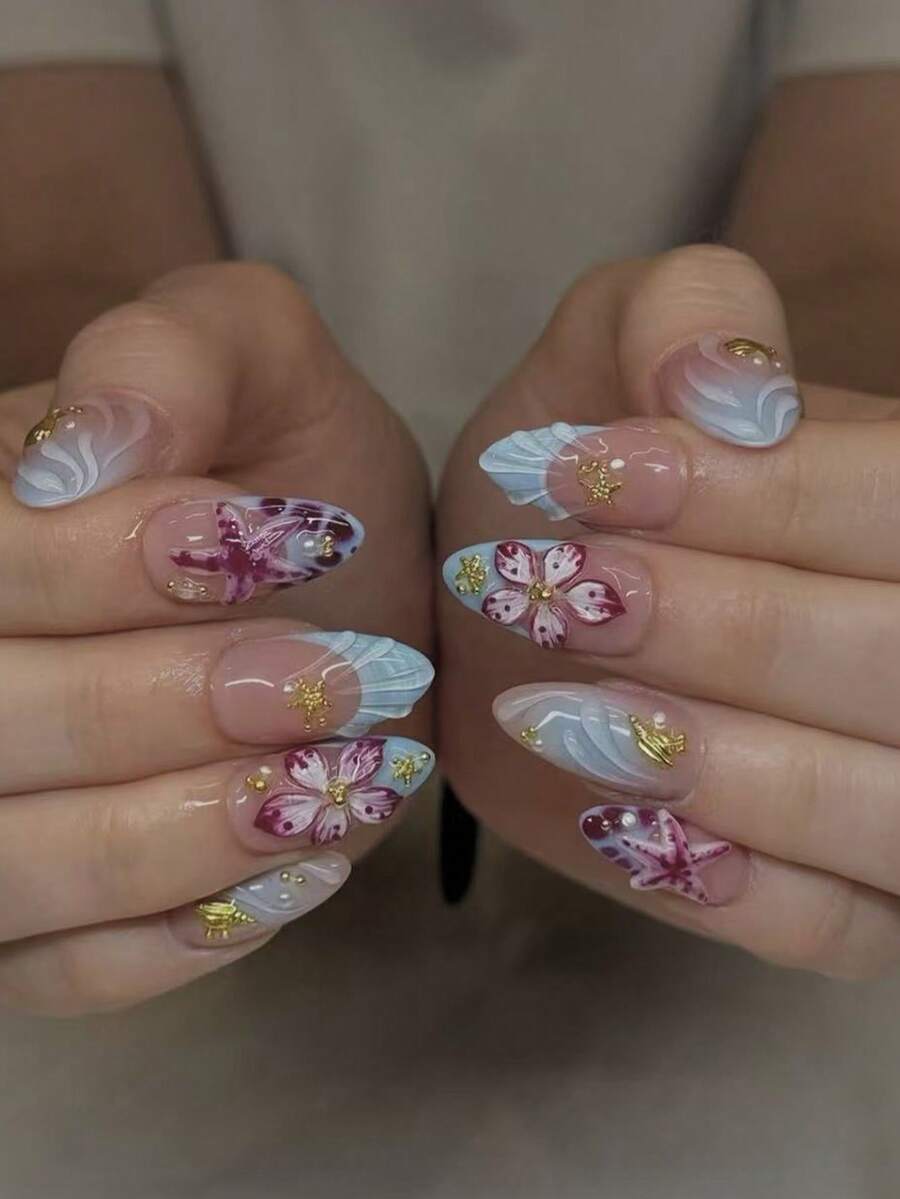 Handmade 3D Floral Nail Art, Summer Beach Style 3D Floral Nail Art, Crystal Shell Nail Art, Yellow Almond-Shaped Medium Length False Nails, Women & Girls Nail Art - 淺藍色 - 查看 1