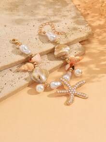 1条波西米亚风海滩海洋风手工手链，配有合金海星吊坠和仿珍珠，适合日常佩戴和海滩旅行。 - 彩色 - 查看 3