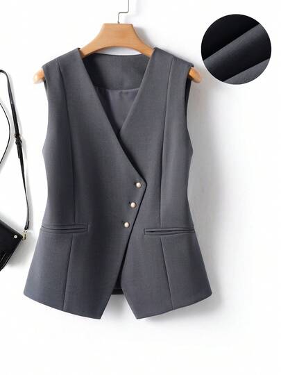 Chaleco sin mangas de unicolor para mujer - Chaqueta de mujer ajustada para primavera y otoño, blusa de capa casual
