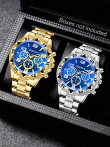 2pcs/Set Men's Quartz Watch Set, Refined Gold & Silver Design, Stainless Steel Strap, Durable & Fashionable, Suitable For Business, Casual, Holiday And Formal Occasions, Great Gift For Father's Day Or Valentine's Day - Gold - View 1
