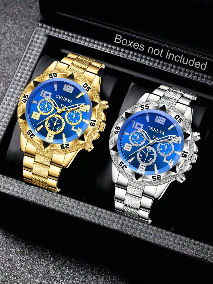 2pcs/Set Men's Quartz Watch Set, Refined Gold & Silver Design, Stainless Steel Strap, Durable & Fashionable, Suitable For Business, Casual, Holiday And Formal Occasions, Great Gift For Father's Day Or Valentine's Day - Gold - View 1