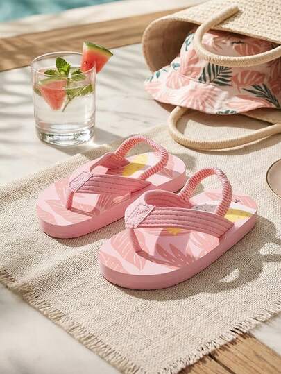 1双婴儿幼儿女童粉色套脚凉鞋，弹力带设计，卡通鸟叶印花，加厚切片鞋底，柔软舒适，露趾人字拖，适合夏季日常穿着及室内/室外假日活动（图案随机）