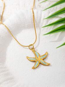 1 Pc 18K Gold Plated Stainless Steel Starfish Pendant Necklace For Women, Minimalist Snake Chain With Starfish Charm, Ocean Beach Style Summer Vacation Jewelry - Light Blue Starfish Pendant Necklace - View 4