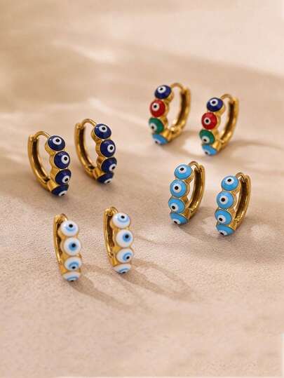 1 par de pendientes de aro de acero inoxidable con ojo malvado estilo bohemio para mujeres, pendientes de ojo malvado esmaltados de colores delicados, joyería de amuleto de la suerte para uso diario, accesorios de moda para fiestas, festivales de música, regalo del Día de San Valentín