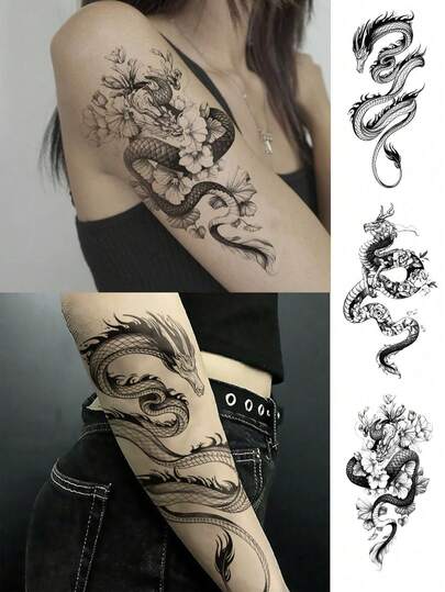 3 Shees Body Art Temporary Tattoo, Unisex, Cool And Realistic Black Dragon And Floral Patterns, Waterproof Fake Tattoo, Lasts 2-5 Days, Can Be Attached To Arms, Neck, Shoulders, Waist And Legs, Perfect For Festivals, Parties, Vacations And Cosplay.